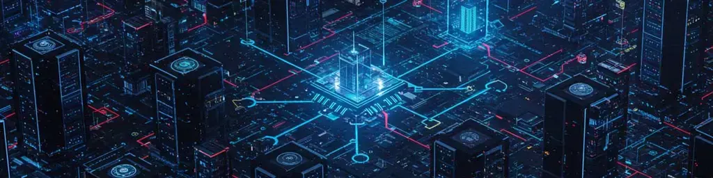 Futuristic digital circuit board cityscape with glowing blue and red lines, central illuminated chip, and towering structures.