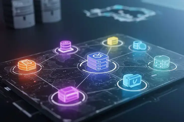 Futuristic digital interface displaying interconnected server icons with colorful holographic effects on a dark background.