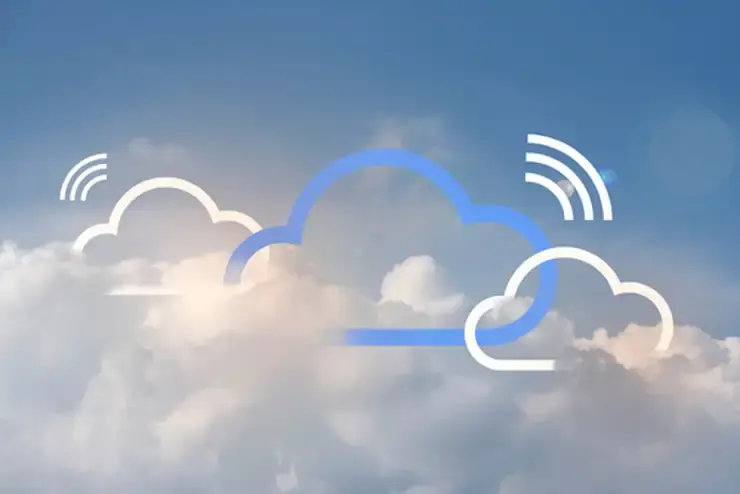 icon of three clouds linked together on a background of real clouds in the sky