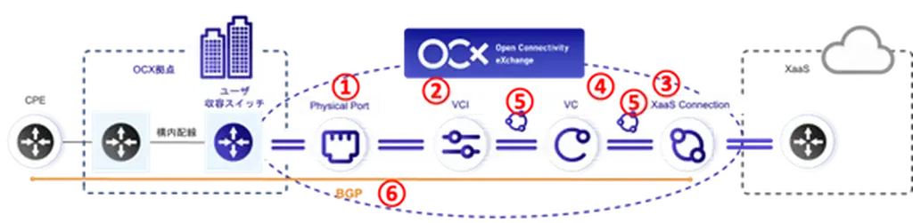 Flowchart illustrating the Open Connectivity Exchange process, including physical port, VCI, VC, and XaaS connection, leading to a cloud.