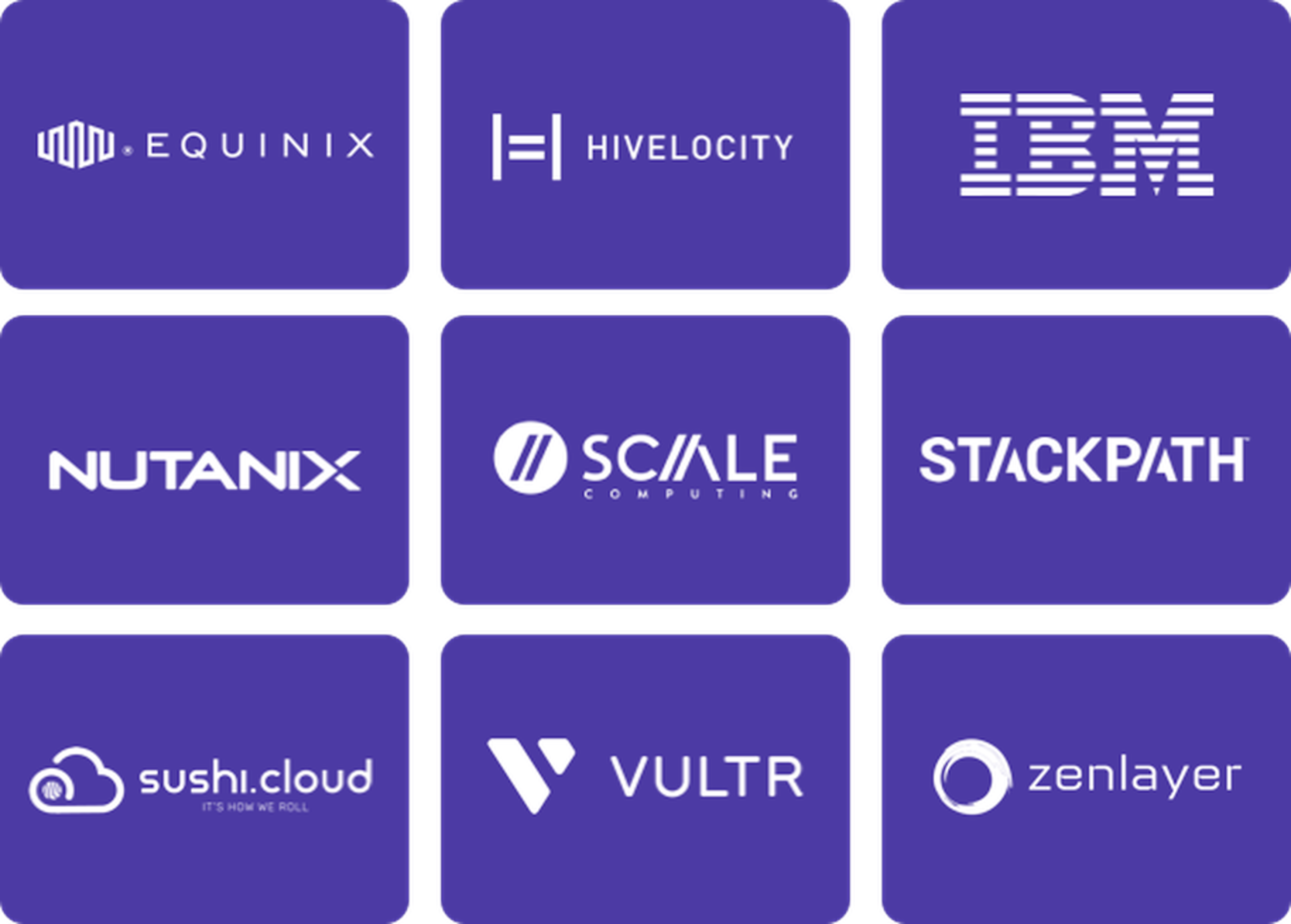 Wasabi Compute partner list - Equinix, Hivelocity, IBM, Nutanix, Scale Computing, Stackpath, Sushi Cloud, Vultr, Zenlayer