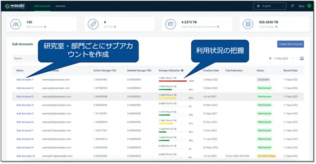 Dashboard showing sub-account details with storage metrics and statuses. Text in Japanese and English, with graphs and navigation bar.