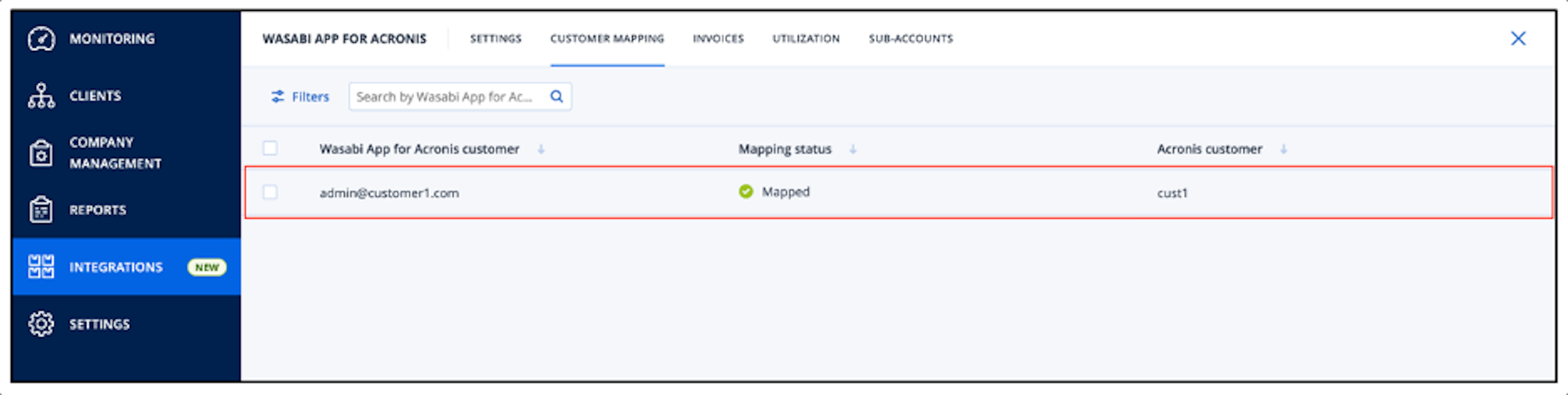 Wasabi App for Acronis Cyber Protect showing account mapping